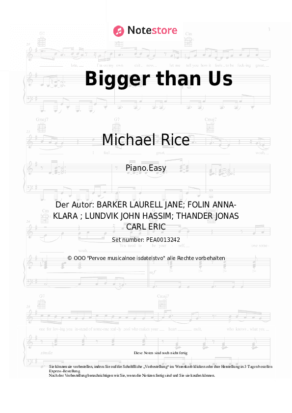 Einfache Noten Michael Rice - Bigger than Us - Klavier.Einfach