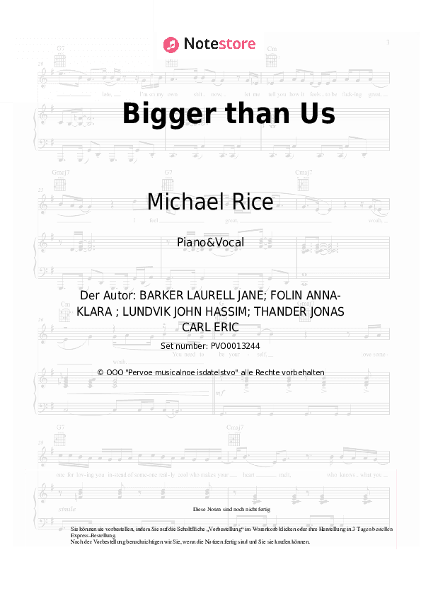 Noten mit Gesang Michael Rice - Bigger than Us - Klavier&Gesang