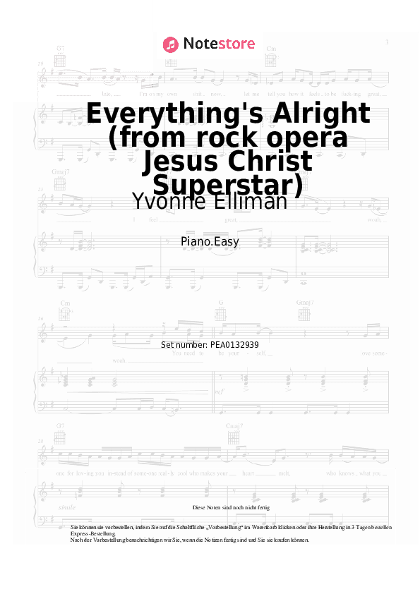Einfache Noten Yvonne Elliman, Ian Gillan, Murray Head - Everything's Alright (from rock opera Jesus Christ Superstar) - Klavier.Einfach