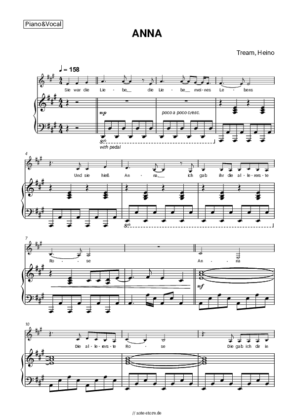 Noten mit Gesang Tream, Heino - ANNA - Klavier&Gesang