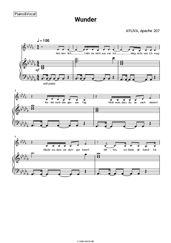 Noten mit Gesang AYLIVA, Apache 207 - Wunder - Klavier&Gesang