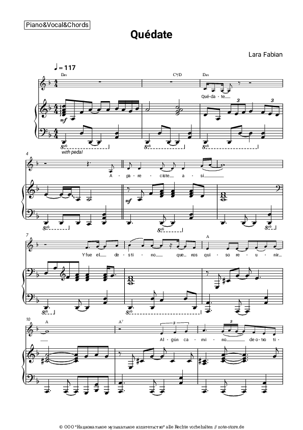 Noten und Akkorde Lara Fabian - Quédate - Klavier&Gesang&Akkorde