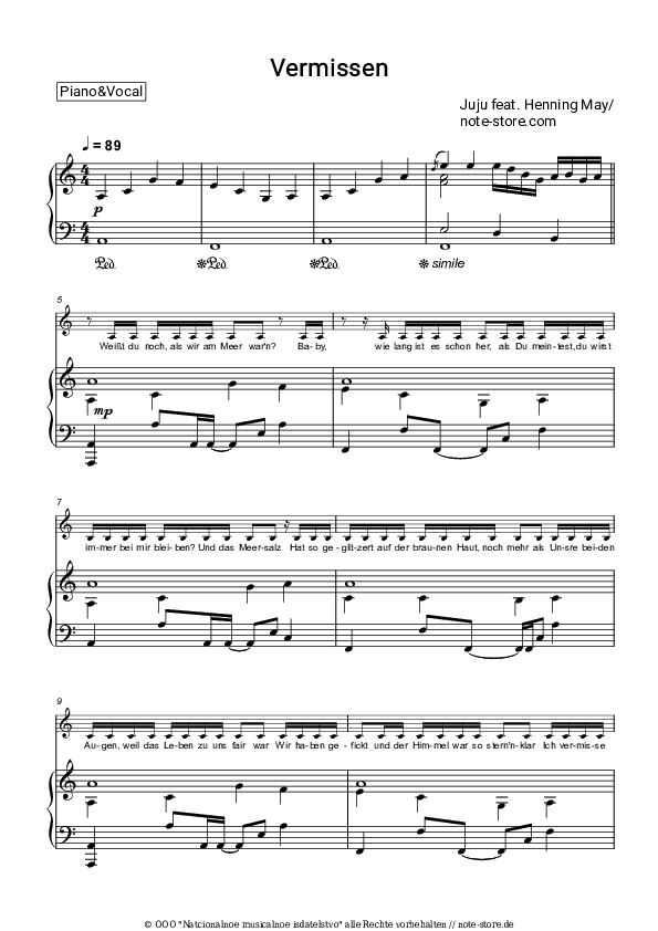 Noten mit Gesang Juju, Henning May - Vermissen - Klavier&Gesang