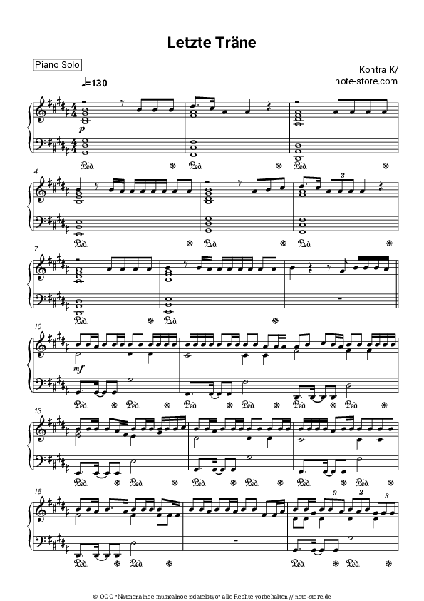 Noten Kontra K - Letzte Träne - Klavier.Solo