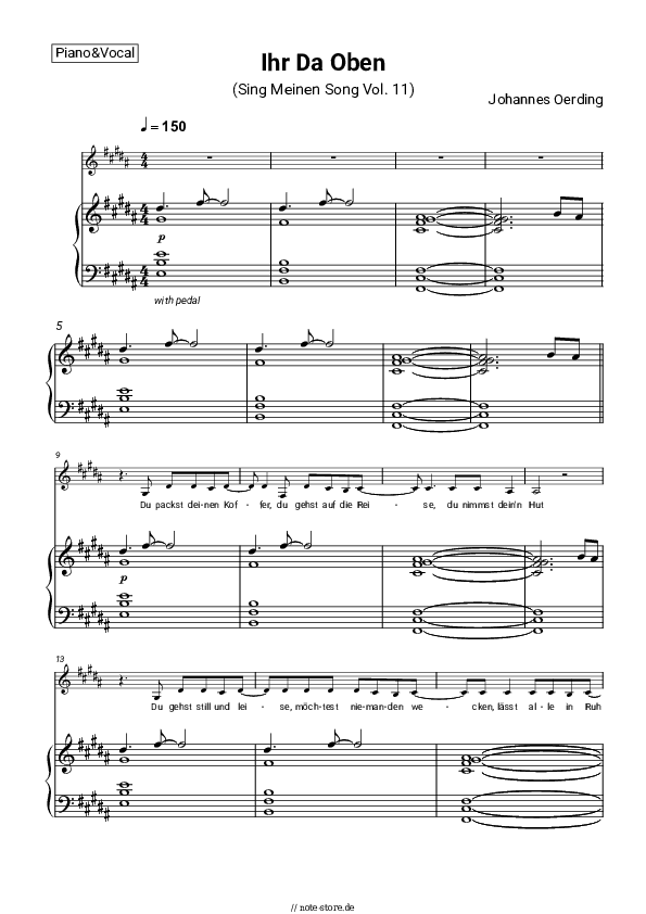 Noten mit Gesang Johannes Oerding - Ihr da oben - Klavier&Gesang