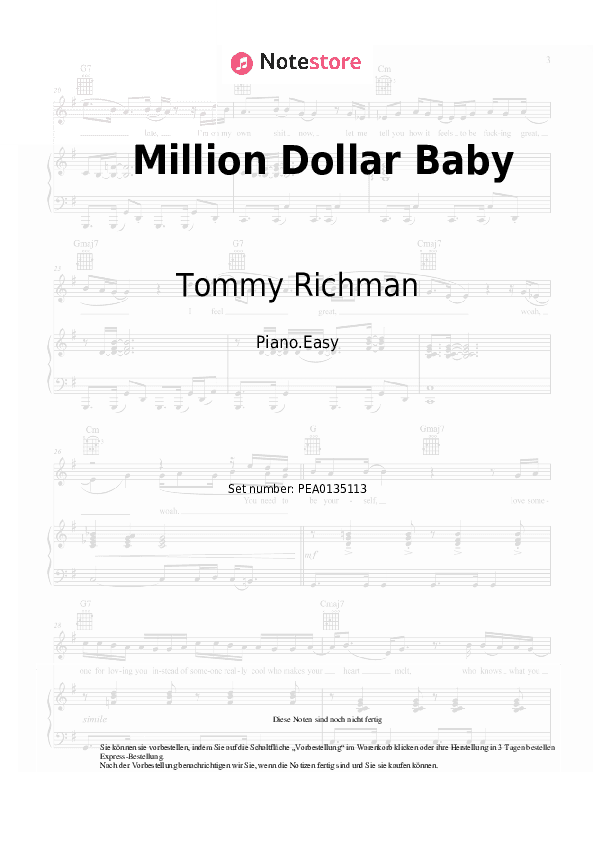 Einfache Noten Tommy Richman - Million Dollar Baby - Klavier.Einfach
