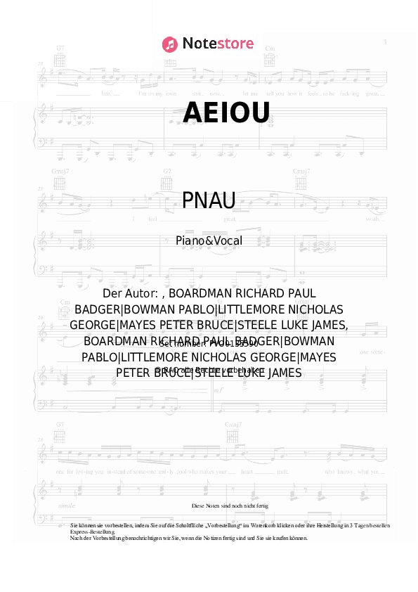 Noten mit Gesang PNAU, Empire of the Sun - AEIOU - Klavier&Gesang