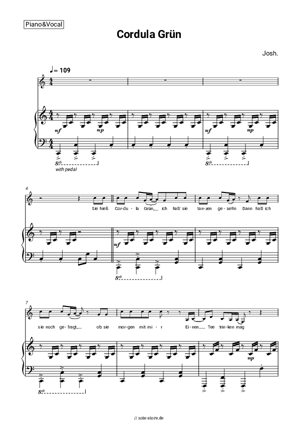 Noten mit Gesang Josh. - Cordula Grün - Klavier&Gesang