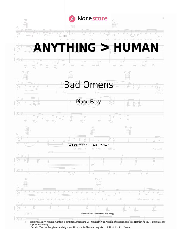Einfache Noten Bad Omens, ERRA - ANYTHING ᐳ HUMAN - Klavier.Einfach