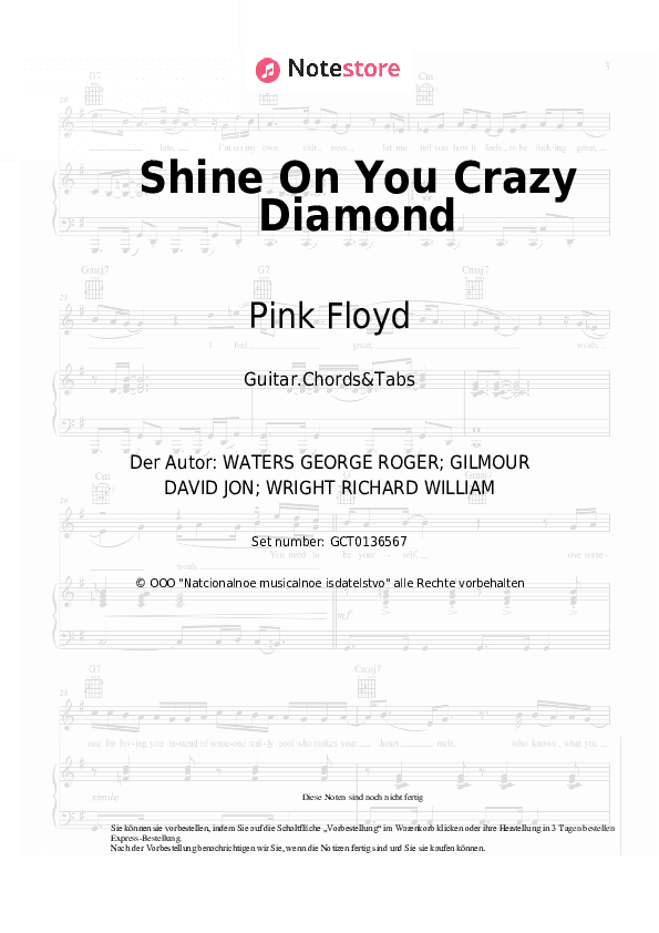 Akkorde Pink Floyd - Shine On You Crazy Diamond - Gitarren.Akkorde&Tabas