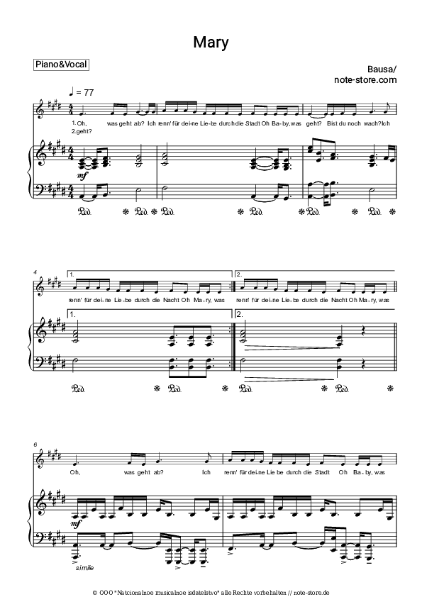 Noten mit Gesang Bausa - Mary - Klavier&Gesang