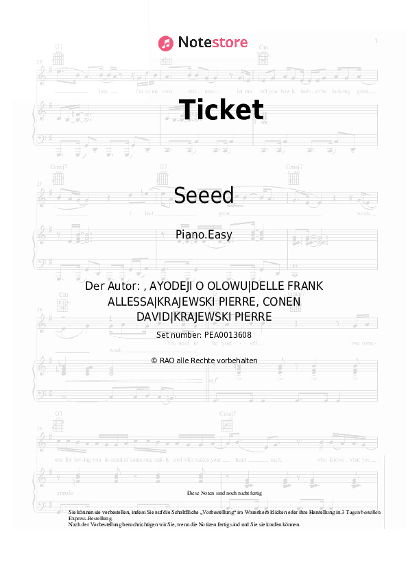 Einfache Noten Seeed - Ticket - Klavier.Einfach