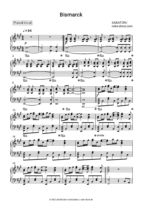 Noten mit Gesang Sabaton - Bismarck - Klavier&Gesang