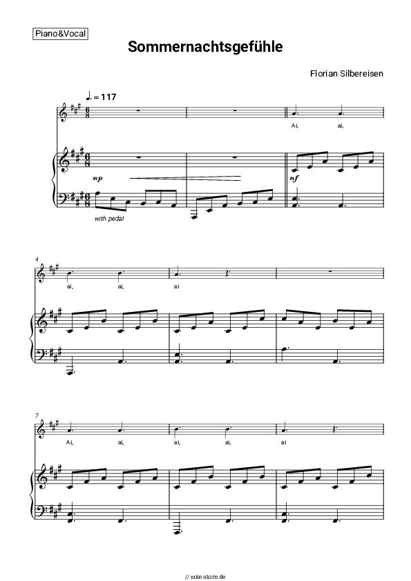 Noten mit Gesang Florian Silbereisen - Sommernachtsgefühle - Klavier&Gesang