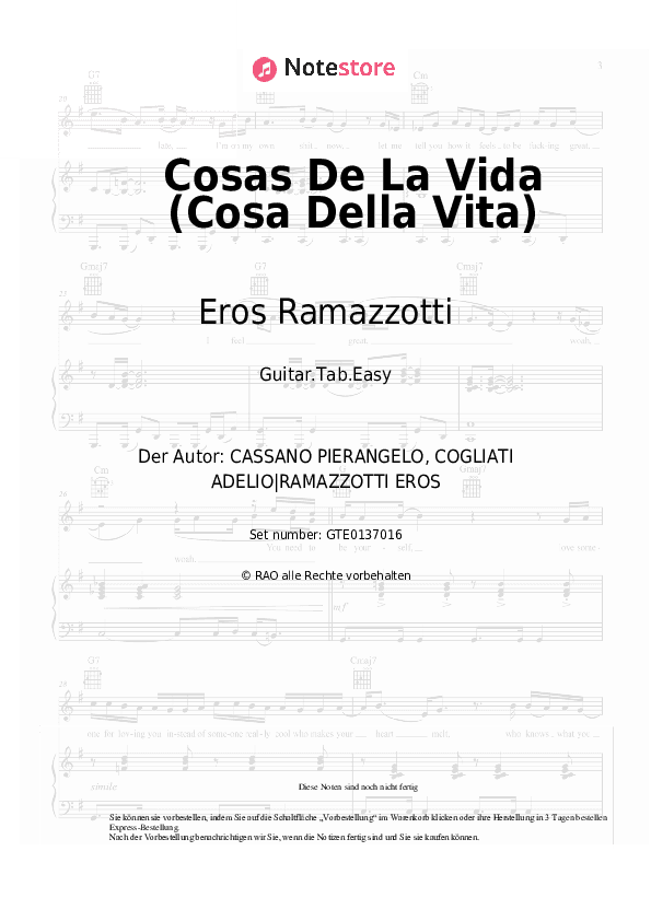 Einfache Tabs Eros Ramazzotti - Cosas De La Vida (Cosa Della Vita) - Gitarre.Tabs.Easy