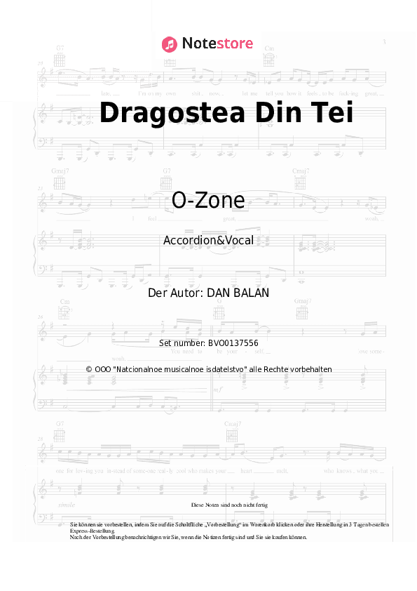 Noten O-Zone - Dragostea Din Tei - Bajan&Gesang
