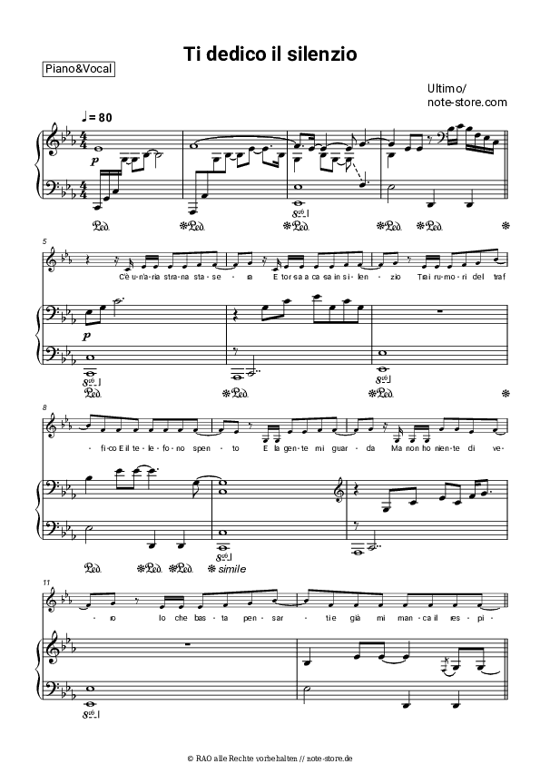 Noten mit Gesang Ultimo - Ti dedico il silenzio - Klavier&Gesang