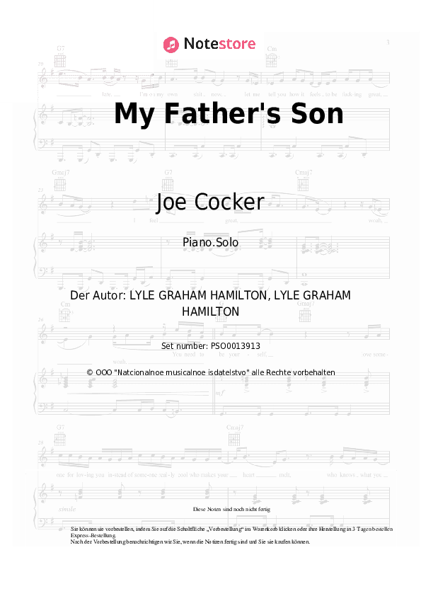 Noten Joe Cocker - My Father's Son - Klavier.Solo