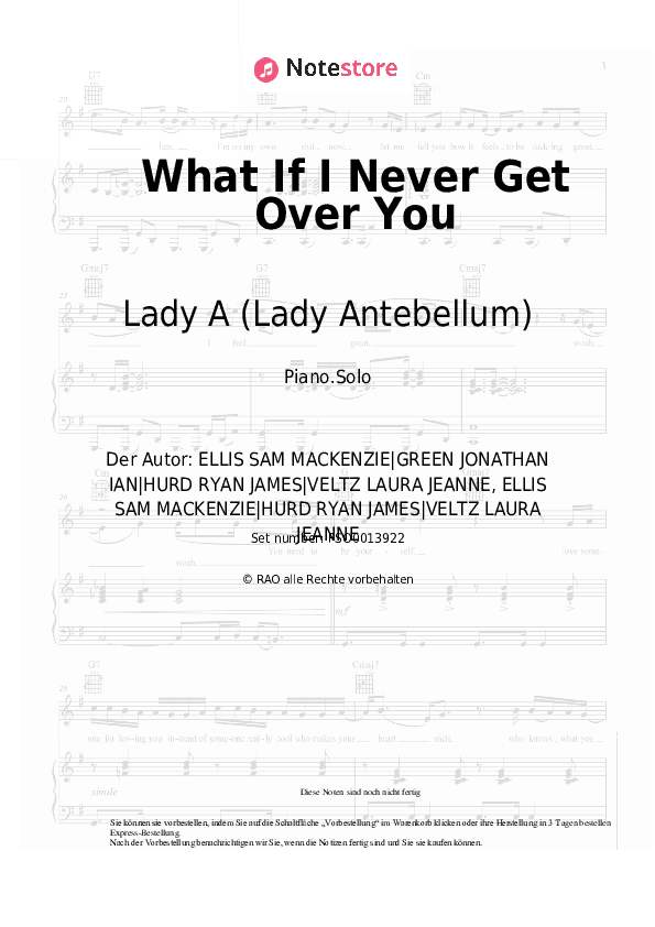 Noten Lady A (Lady Antebellum) - What If I Never Get Over You - Klavier.Solo