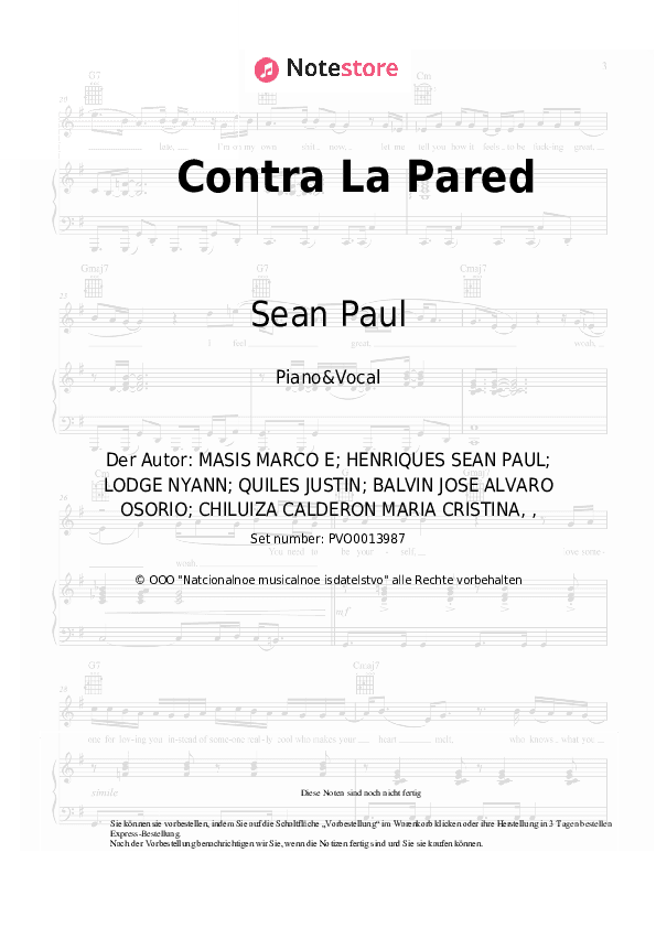 Noten mit Gesang Sean Paul, J Balvin - Contra La Pared - Klavier&Gesang