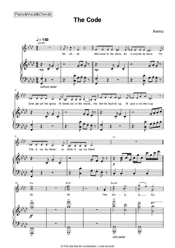 Noten und Akkorde Nemo - The Code - Klavier&Gesang&Akkorde