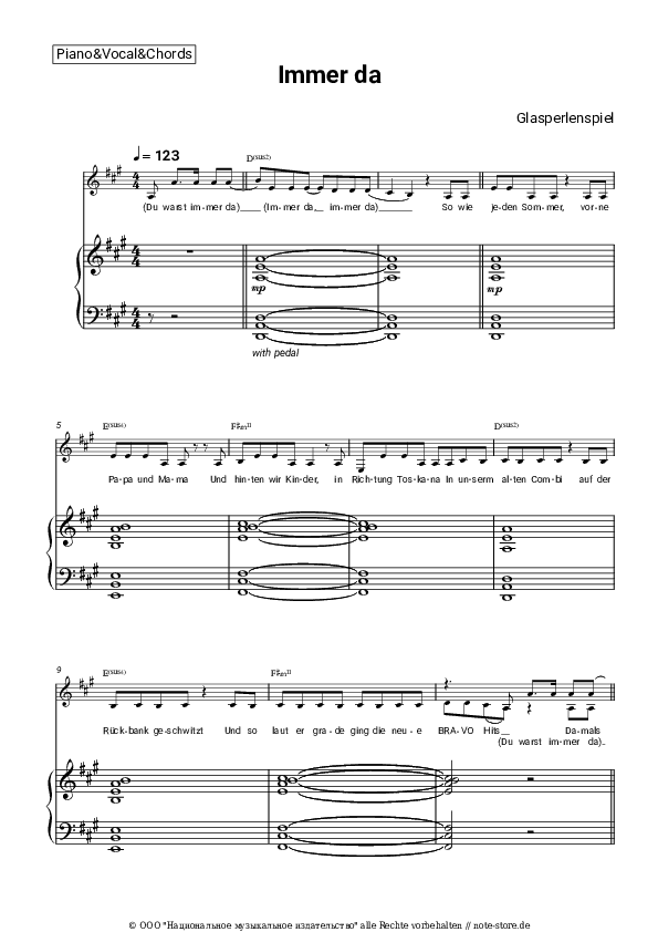 Noten und Akkorde Glasperlenspiel - Immer da - Klavier&Gesang&Akkorde