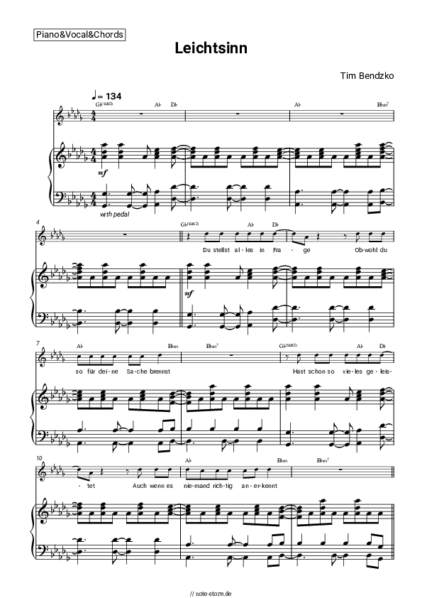 Noten und Akkorde Tim Bendzko - Leichtsinn - Klavier&Gesang&Akkorde