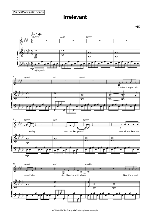Noten und Akkorde Pink - Irrelevant - Klavier&Gesang&Akkorde