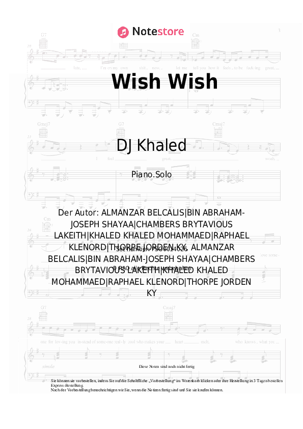 Noten DJ Khaled, Cardi B, 21 Savage - Wish Wish - Klavier.Solo