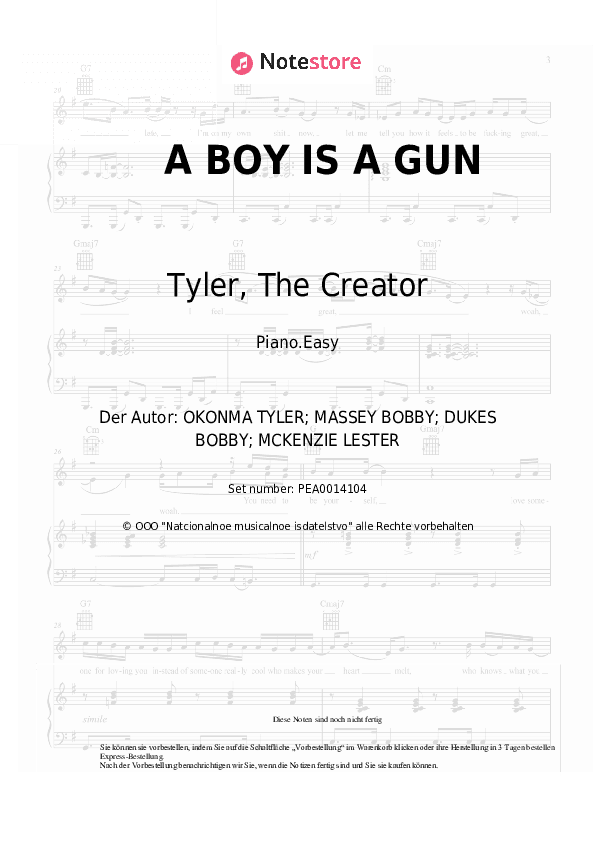 Einfache Noten Tyler, The Creator - A BOY IS A GUN - Klavier.Einfach