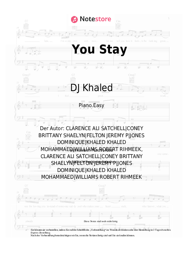 Einfache Noten DJ Khaled, Meek Mill, J Balvin, Lil Baby, Jeremih - You Stay - Klavier.Einfach