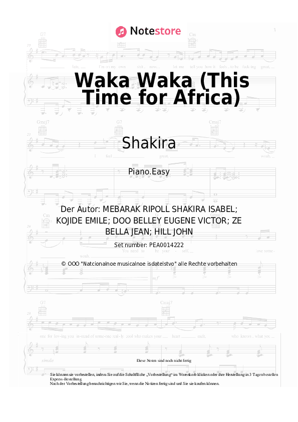 Einfache Noten Shakira - Waka Waka (This Time for Africa) - Klavier.Einfach
