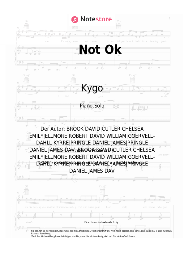 Noten Kygo, Chelsea Cutler - Not Ok - Klavier.Solo