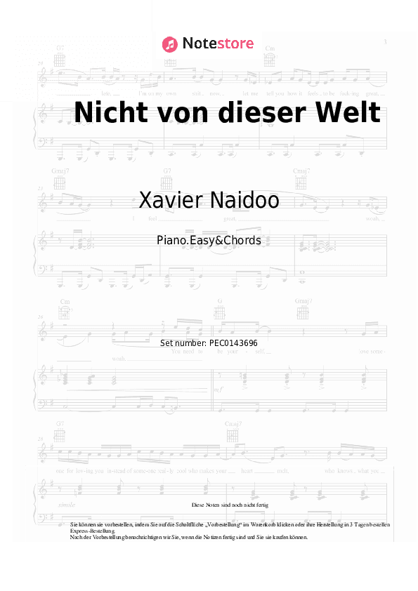 Einfache Noten und Akkorde Xavier Naidoo - Nicht von dieser Welt - Klavier.Einfach&Akkorde