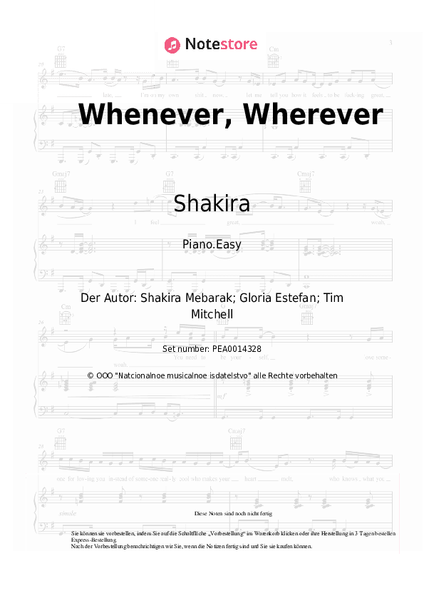 Einfache Noten Shakira - Whenever, Wherever - Klavier.Einfach