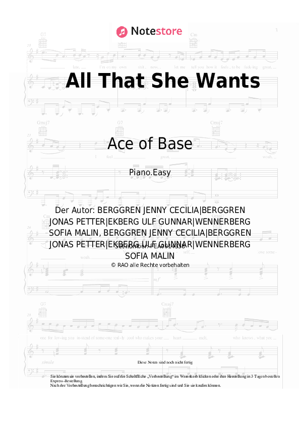 Einfache Noten Ace of Base - All That She Wants - Klavier.Einfach
