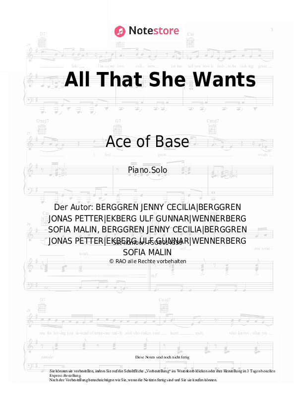 Noten Ace of Base - All That She Wants - Klavier.Solo
