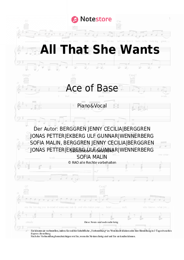 Noten mit Gesang Ace of Base - All That She Wants - Klavier&Gesang