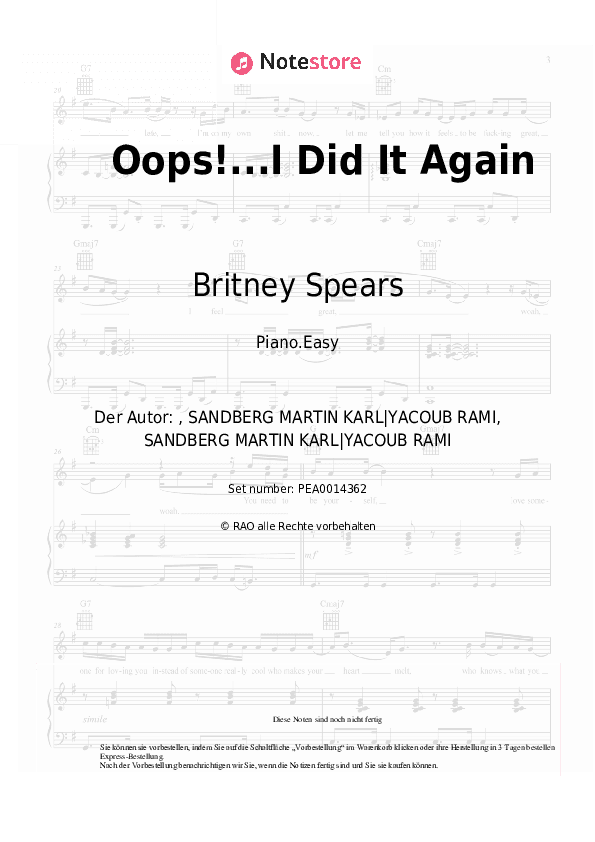 Einfache Noten Britney Spears - Oops!...I Did It Again - Klavier.Einfach