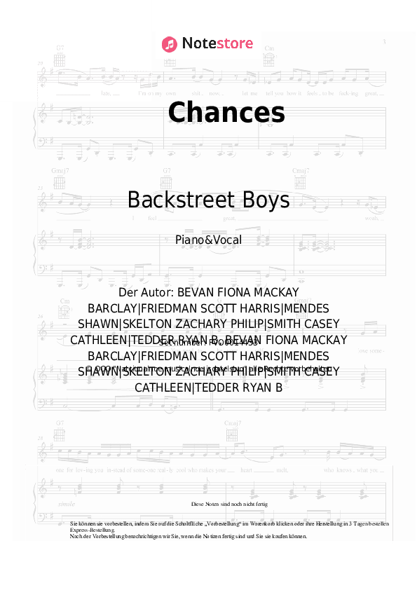 Noten mit Gesang Backstreet Boys - Chances - Klavier&Gesang