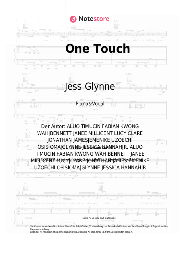 Noten mit Gesang Jess Glynne, Jax Jones - One Touch - Klavier&Gesang