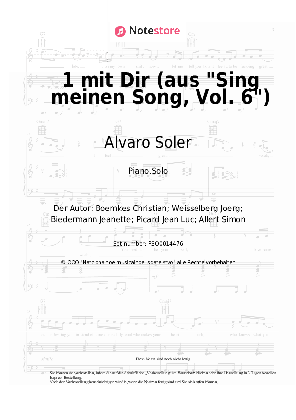 Noten Alvaro Soler - 1 mit Dir (aus Sing meinen Song, Vol. 6) - Klavier.Solo
