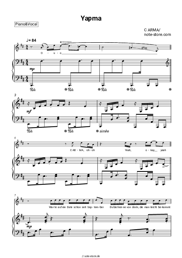 Noten mit Gesang C ARMA - Yapma - Klavier&Gesang