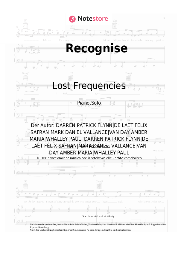 Noten Lost Frequencies, Flynn - Recognise - Klavier.Solo