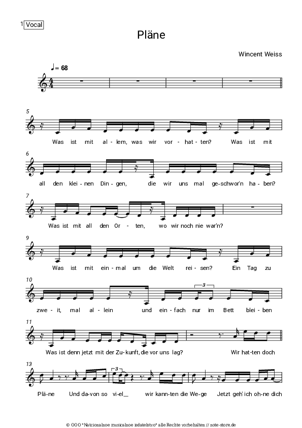 Noten Wincent Weiss - Pläne - Gesang