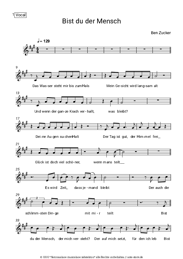 Noten Ben Zucker - Bist du der Mensch - Gesang
