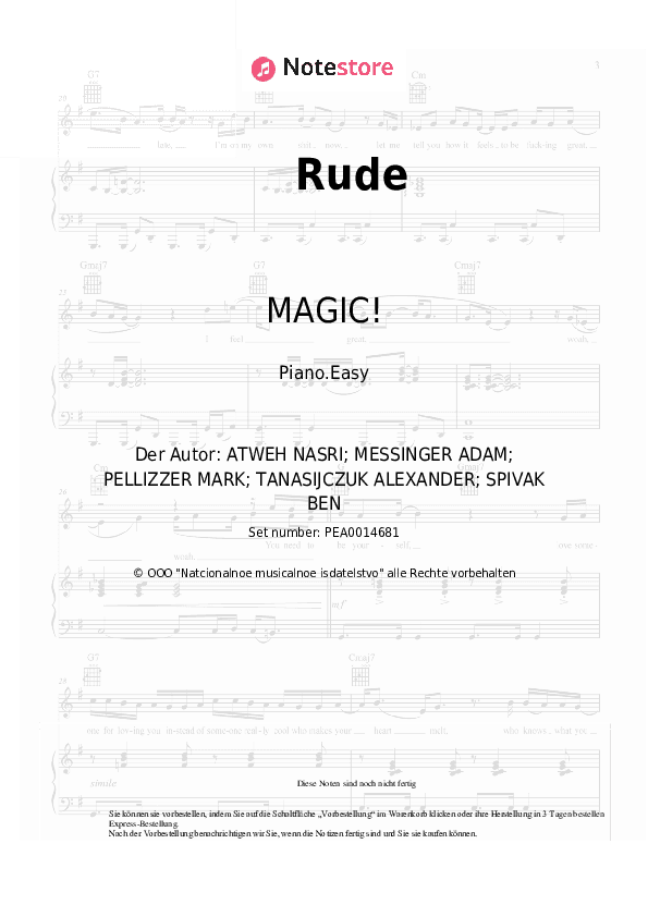 Einfache Noten MAGIC! - Rude - Klavier.Einfach