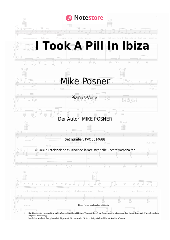 Noten mit Gesang Mike Posner - I Took A Pill In Ibiza - Klavier&Gesang