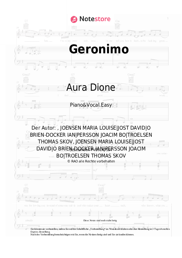Einfache Noten Aura Dione - Geronimo - Klavier&Gesang.Einfach