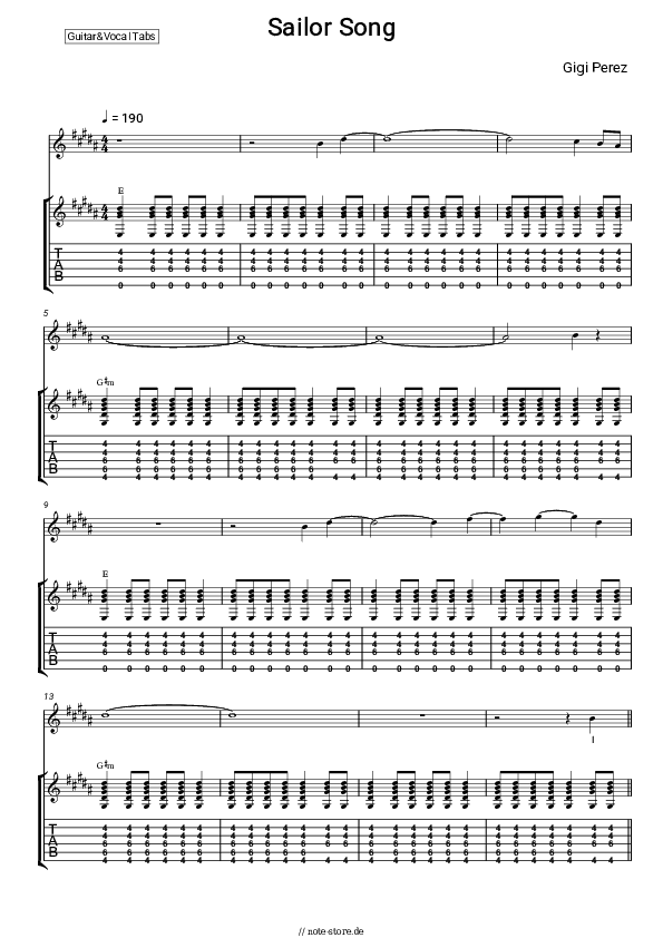 Akkorde und Gesang Gigi Perez - Sailor Song - Gitarre&Gesang.Tabs